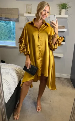 Cheapest 🎉 CY Boutique Oversized 👕 Shirt 👗 Dress With Floral Sleeves In Mustard Yellow 🔥