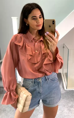 Cheapest 🌟 HOXTON GAL Oversized Frilled Front 👕 Shirt With Detailed Cuffs In Pink ✔️