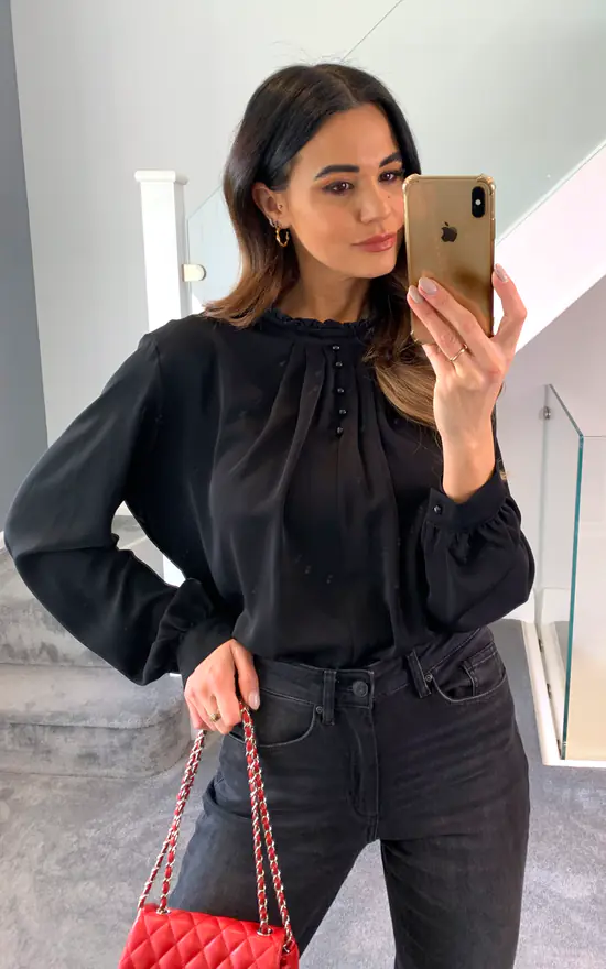 Flash Sale π HOXTON GAL Oversized Crepe Long Sleeves Ruffle Neck Top With Button Details In Black π