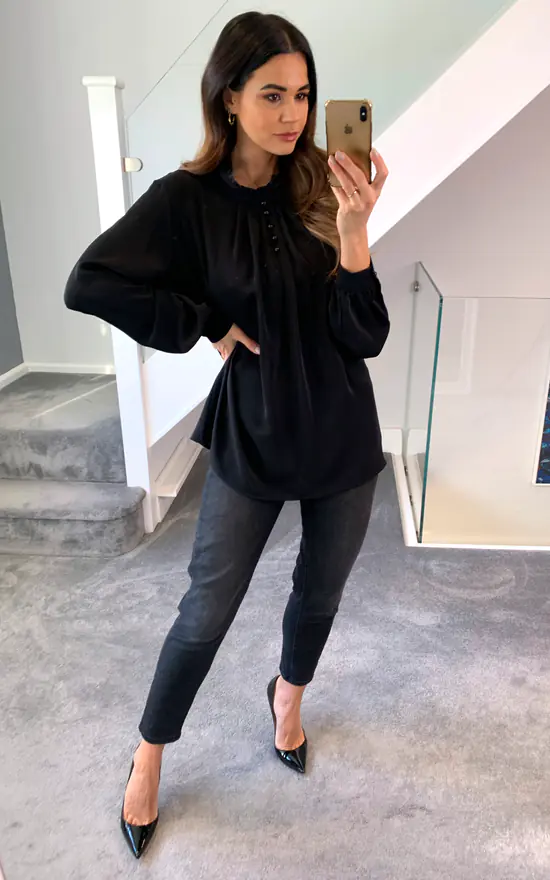 Flash Sale π HOXTON GAL Oversized Crepe Long Sleeves Ruffle Neck Top With Button Details In Black π - Image 2