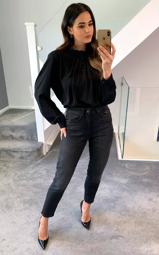 Flash Sale π HOXTON GAL Oversized Crepe Long Sleeves Ruffle Neck Top With Button Details In Black π - Image 3