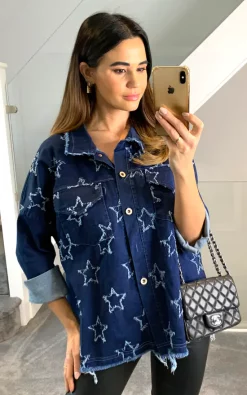 Best deal 😉 HOXTON GAL Oversized Star Detailed Denim 👕 Shirt With Pocket Details ✔️