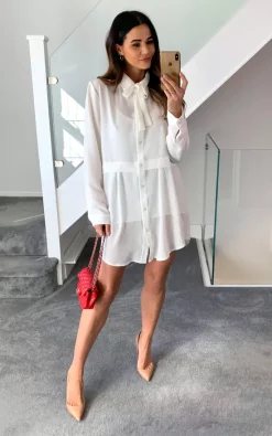 Wholesale 🎉 HOXTON GAL Long Sleeves Tie Neck Oversized 👚 Shirt In White 🛒