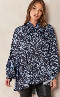 Discount 😍 Jenerique Oversize Bowl Neck Blouse In Blue/Black Print 🤩