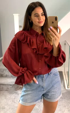 Wholesale 🌟 HOXTON GAL Oversized Frilled Front 👕 Shirt With Detailed Cuffs In Burgundy 🎁