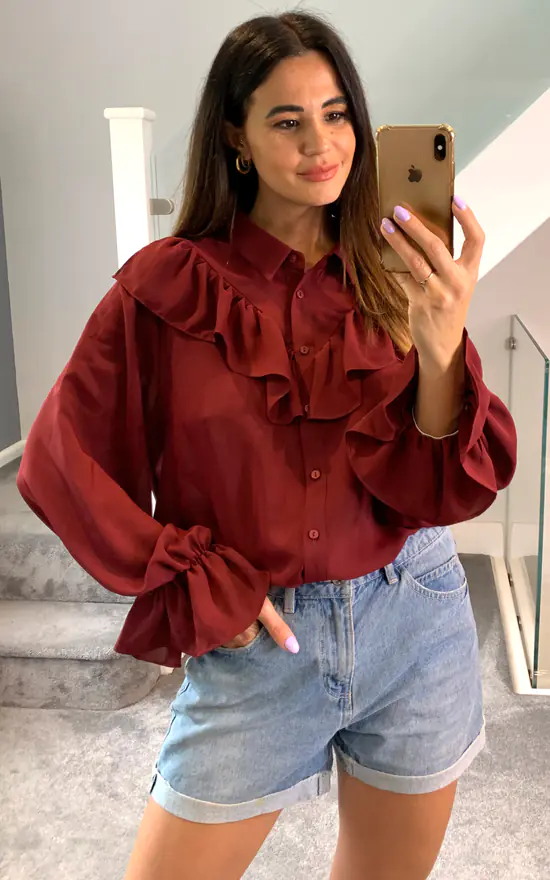 Wholesale π HOXTON GAL Oversized Frilled Front π Shirt With Detailed Cuffs In Burgundy π