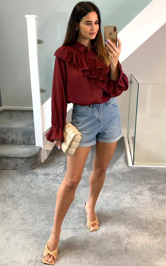 Wholesale π HOXTON GAL Oversized Frilled Front π Shirt With Detailed Cuffs In Burgundy π - Image 2