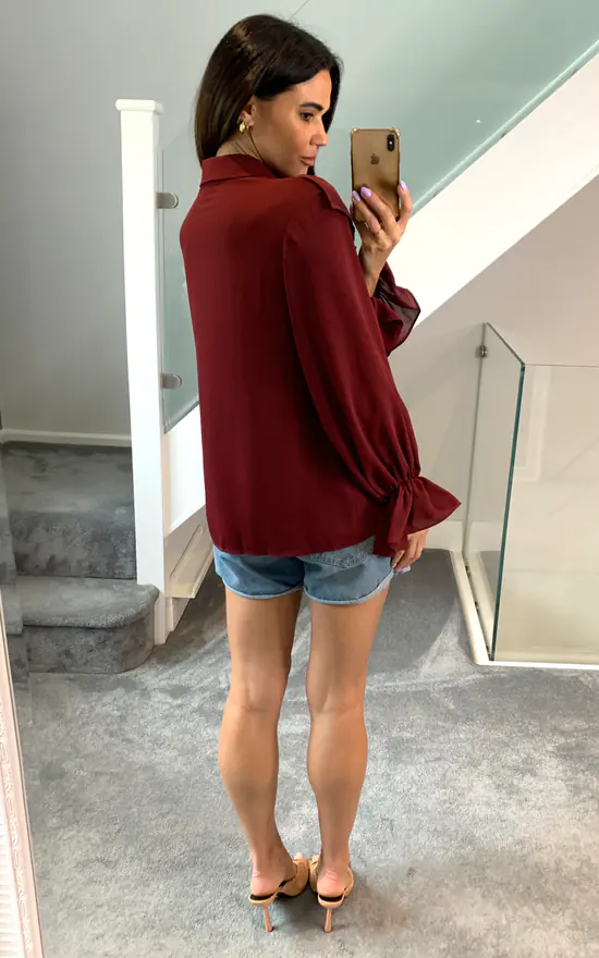 Wholesale π HOXTON GAL Oversized Frilled Front π Shirt With Detailed Cuffs In Burgundy π - Image 4