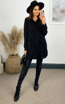 Outlet 🥰 HOXTON GAL Oversized Long Sleeve Relaxed Fit 👕 Shirt In Black ⭐