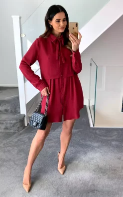 Best Pirce 👏 HOXTON GAL Long Sleeves Tie Neck Oversized 👚 Shirt In Burgundy 🌟