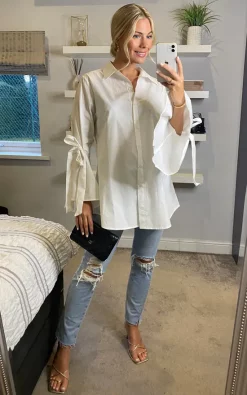 Deals ✔️ CY Boutique Bell Sleeve 👚 Shirt With Ties In White 💯