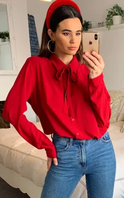 Cheapest 🎉 HOXTON GAL Tie Neck Oversized Crepe Top In Red 🥰
