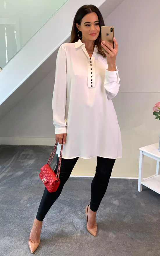 Top 10 ๐ HOXTON GAL Crepe Tunic ๐ Shirt With Button Details In White ๐คฉ