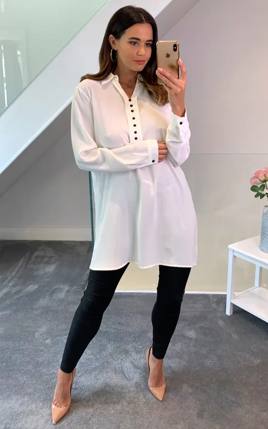 Top 10 ๐ HOXTON GAL Crepe Tunic ๐ Shirt With Button Details In White ๐คฉ - Image 2