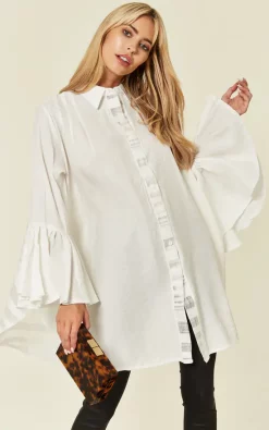 Flash Sale 💯 CY Boutique Oversized 👚 Shirt With Frilled Sleeves And Mesh Back In White 🔔