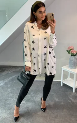 Best deal ⭐ HOXTON GAL Oversized Tunic 👕 Shirt With Star Printed In White ⭐