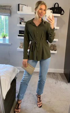 Coupon ✨ HOXTON GAL Oversized Crepe 👚 Shirt With Belt In Khaki 😀