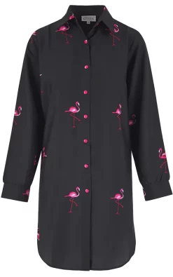 Outlet 🤩 Kitten Beachwear Long Sleeve Oversized 👕 Shirt In Black Flamingo 🥰