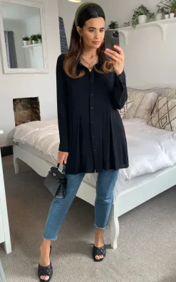 New 🎉 HOXTON GAL Oversized Long Sleeves Pleated 👕 Shirt In Black 😍