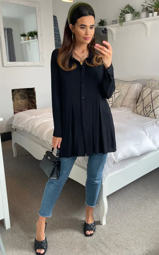 New π HOXTON GAL Oversized Long Sleeves Pleated π Shirt In Black π