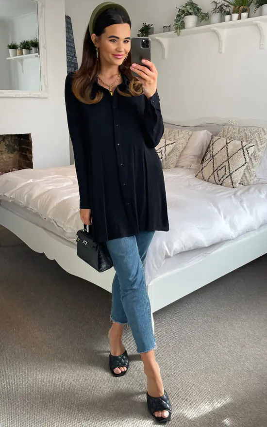 New π HOXTON GAL Oversized Long Sleeves Pleated π Shirt In Black π - Image 2