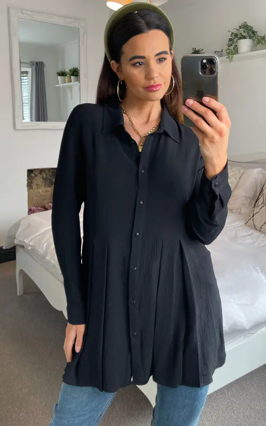 New π HOXTON GAL Oversized Long Sleeves Pleated π Shirt In Black π - Image 3