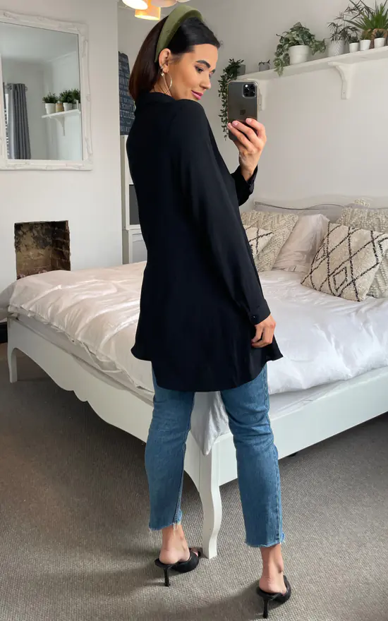 New π HOXTON GAL Oversized Long Sleeves Pleated π Shirt In Black π - Image 4