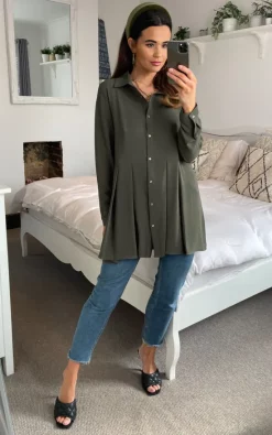 Discount 🎉 HOXTON GAL Oversized Long Sleeves Pleated 👕 Shirt In Khaki 😉