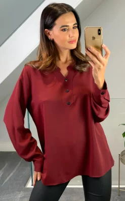 Top 10 ๐ HOXTON GAL Oversized Long Sleeves V Neck Top With Button Details In Burgundy โ