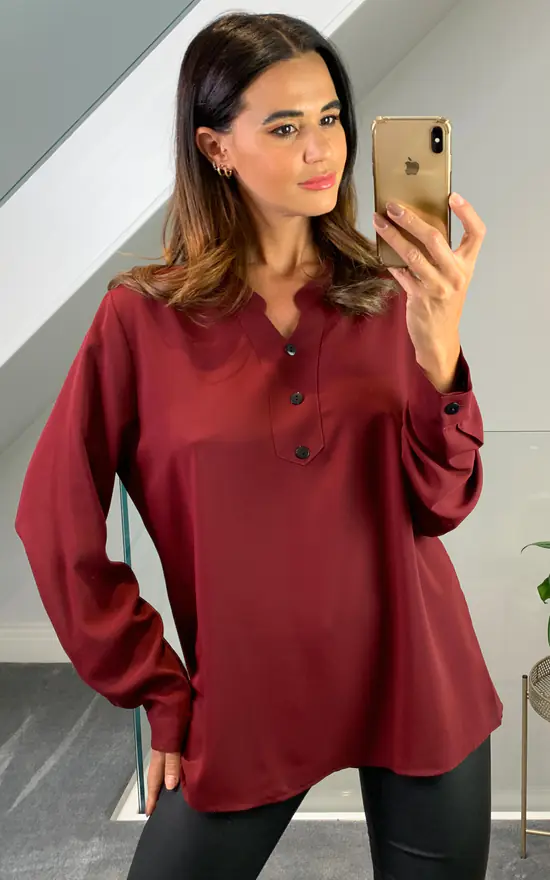 Top 10 😍 HOXTON GAL Oversized Long Sleeves V Neck Top With Button Details In Burgundy ⌛