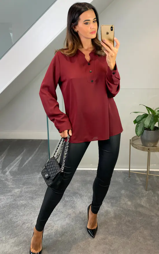 Top 10 😍 HOXTON GAL Oversized Long Sleeves V Neck Top With Button Details In Burgundy ⌛ - Image 2