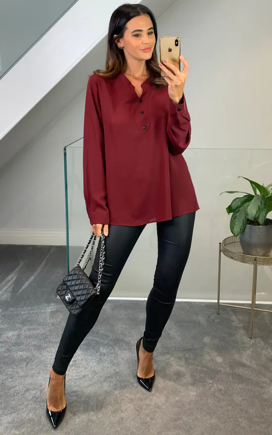 Top 10 😍 HOXTON GAL Oversized Long Sleeves V Neck Top With Button Details In Burgundy ⌛ - Image 3