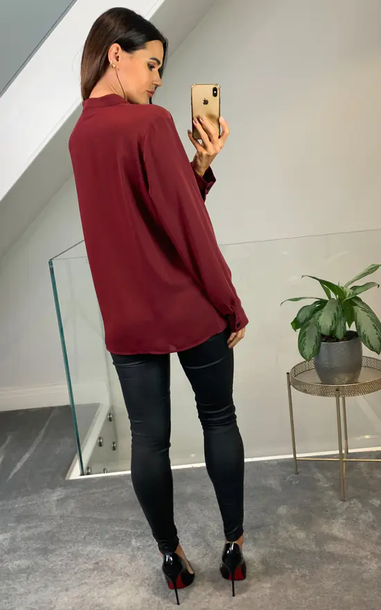Top 10 😍 HOXTON GAL Oversized Long Sleeves V Neck Top With Button Details In Burgundy ⌛ - Image 4