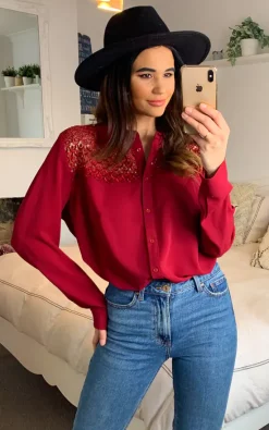 Cheap 🎁 HOXTON GAL Oversized 👕 Shirt With Lace Detail In Burgundy ❤️