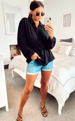 Best Pirce 🥰 HOXTON GAL Black Oversized Crepe 👕 Shirt With Belt 💯