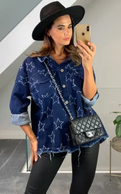 Coupon 🧨 HOXTON GAL Star Details Denim 👚 Shirt With Pocket Details 😉