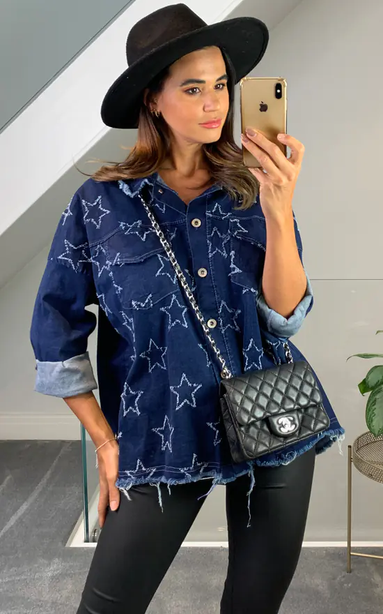 Coupon ๐งจ HOXTON GAL Star Details Denim ๐ Shirt With Pocket Details ๐