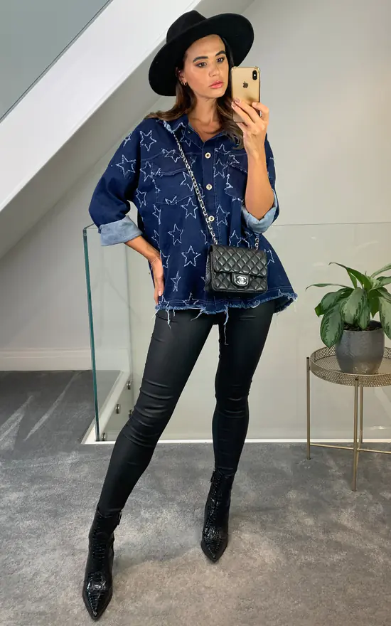 Coupon ๐งจ HOXTON GAL Star Details Denim ๐ Shirt With Pocket Details ๐ - Image 3
