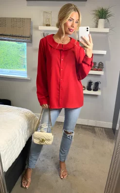 Deals 🧨 HOXTON GAL Long Sleeves Detailed Collar 👚 Shirt In Red 😍