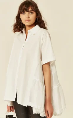 Budget 🔔 CY Boutique Oversized Short Sleeve 👚 Shirt With Frill Detail On Sides In White 🎉
