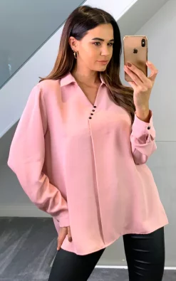 Budget 🎁 HOXTON GAL Oversized Collared Top With Button Details In Pink 😉