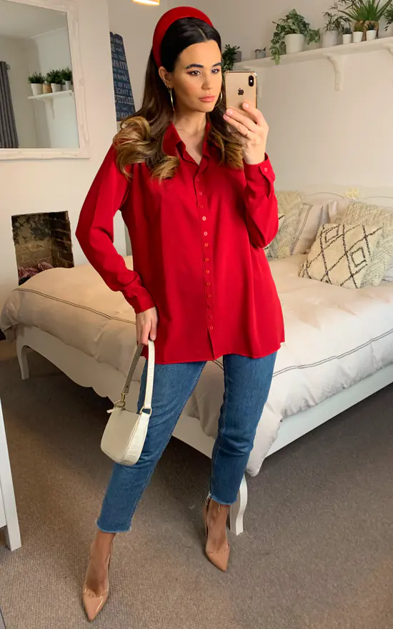 Wholesale π€© HOXTON GAL Button Details Relaxed Crepe π Shirt In Red π€© - Image 2