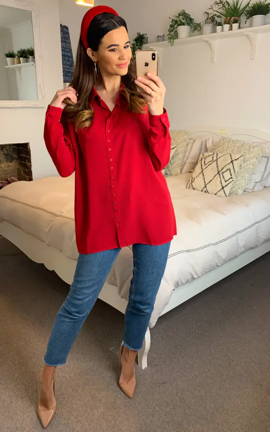 Wholesale π€© HOXTON GAL Button Details Relaxed Crepe π Shirt In Red π€© - Image 4