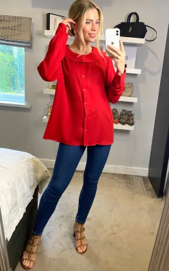 Buy 🔥 HOXTON GAL Long Sleeve Oversized 👚 Shirt In Red ✔️
