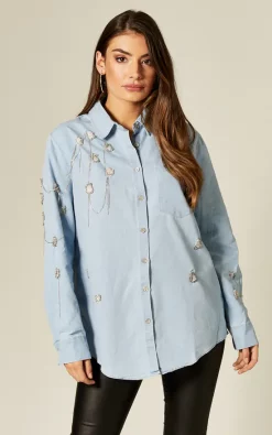 Hot Sale 👏 LOES House Denim Blue Ripped 👕 Shirt With Diamantes ✨