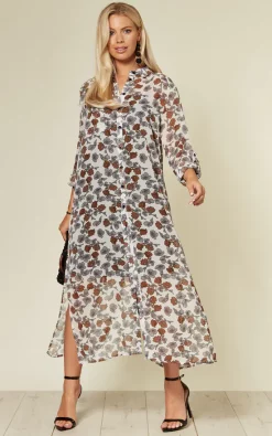 Cheapest 🛒 CY Boutique Long Sleeve Chiffon Maxi 👕 Shirt In White Floral Print ❤️