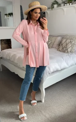 Deals 😍 HOXTON GAL Oversized Long Sleeves Pleated 👕 Shirt In Pink 👍