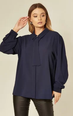 Deals ⌛ HOXTON GAL Navy Tie Neck Oversize 👚 Shirt 🤩