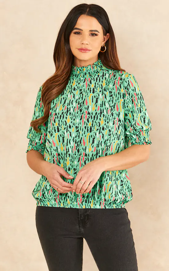 Deals ๐ Jenerique High Neck Short Sleeve Top In Mint Green Print โ๏ธ
