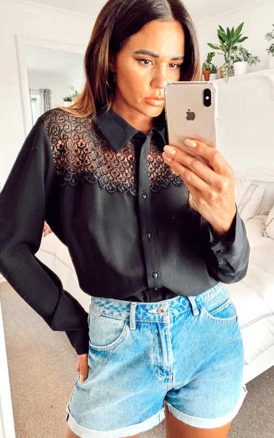 Discount 🌟 HOXTON GAL Oversized Crepe 👕 Shirt With Lace Detail In Black 🛒